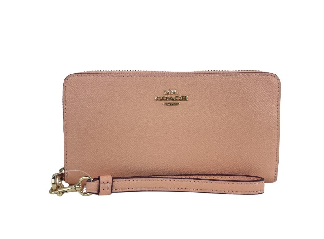 COACH (C3441) Long Faded Blush Crossgrain Leather Zip Around Wristlet Wallet