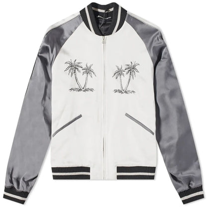 Palm Angels Embroidered White Bomber Jacket - Zipper Closure