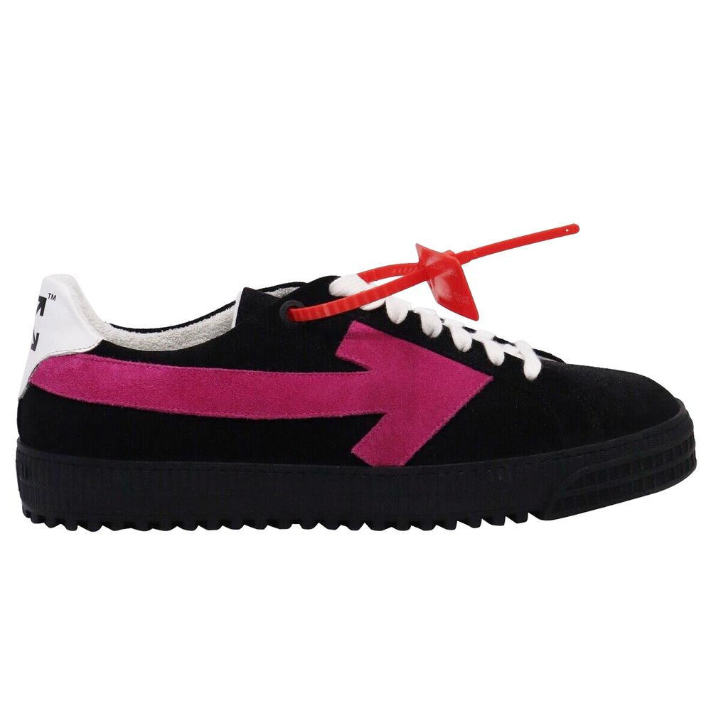 Off-White Sleek Black Suede Sneakers with Fuchsia Arrow Detail